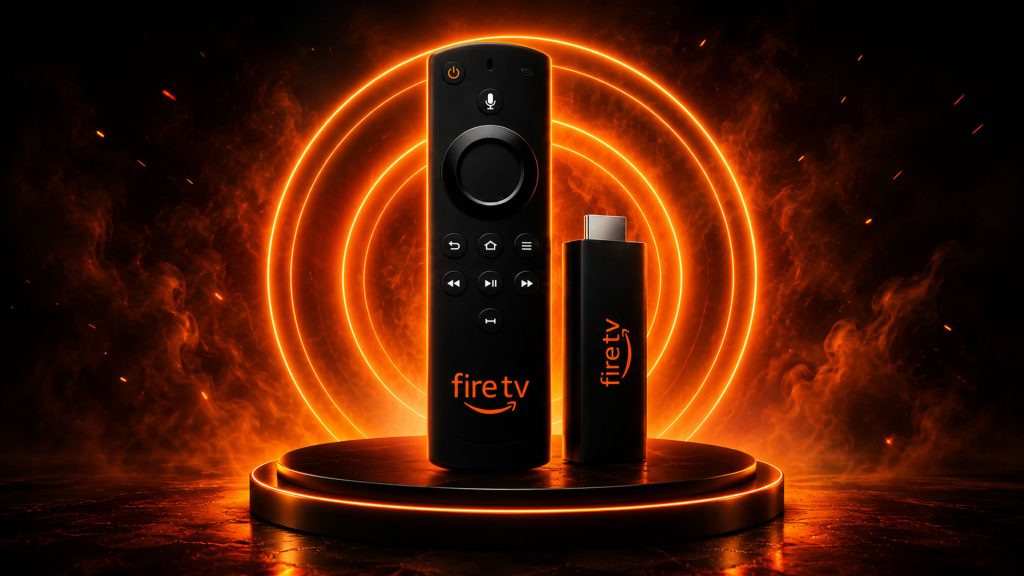 Fire TV Stick and remote product display for iptv streaming setup