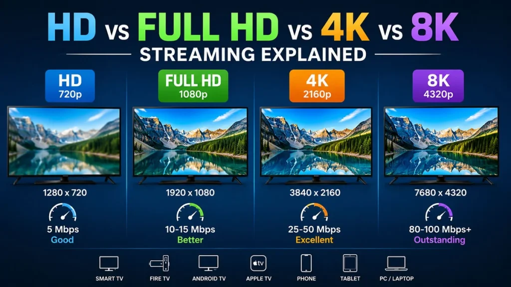 HD vs Full HD vs 4K vs 8K streaming comparison showing video resolutions, internet speed requirements, and picture quality for Smart TVs and streaming devices