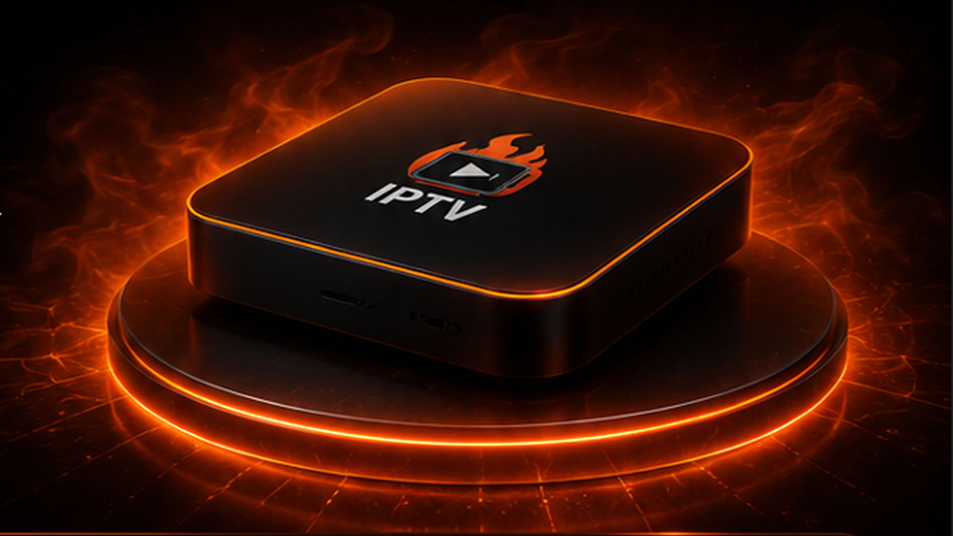 IPTV streaming box with flame effects, futuristic media device