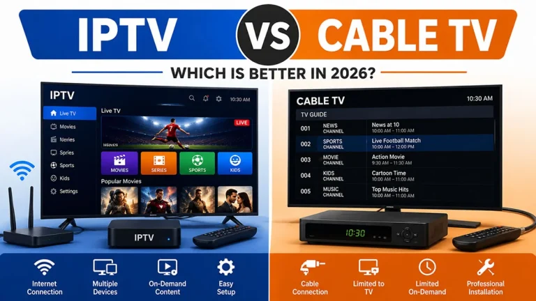 IPTV vs Cable TV comparison showing Internet Protocol Television and traditional cable TV features, streaming devices, and viewing differences in 2026