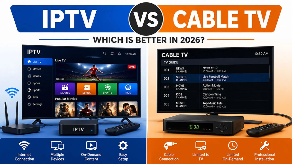 IPTV vs Cable TV comparison showing Internet Protocol Television and traditional cable TV features, streaming devices, and viewing differences in 2026