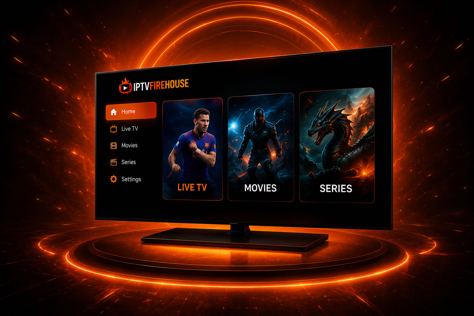 Smart TV IPTV interface with live channels, movies, and series