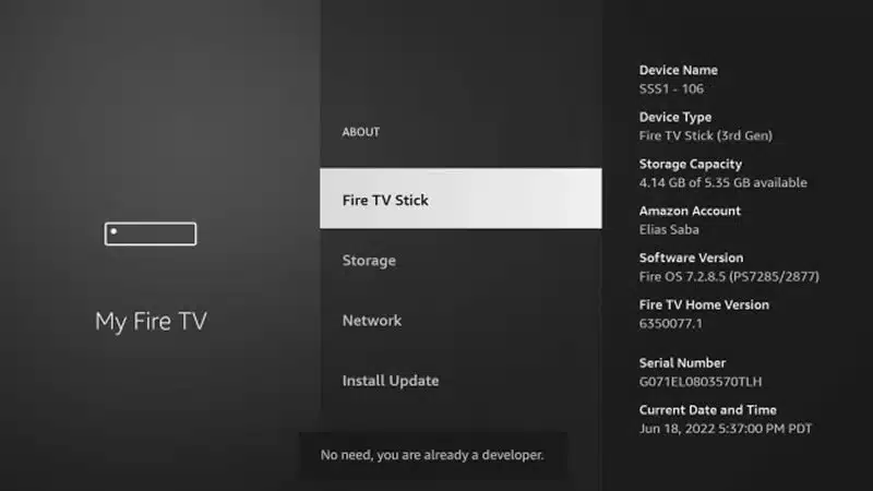 Unlocking hidden Developer Options on Amazon Firestick Settings