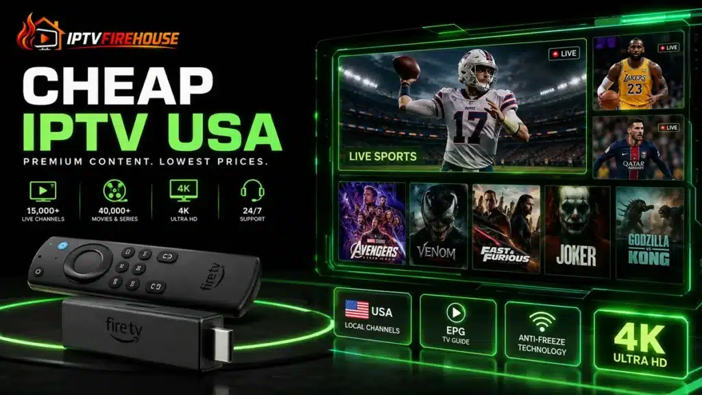 Cheap IPTV USA subscription plans banner displaying 4K live streaming channels and Firestick setup