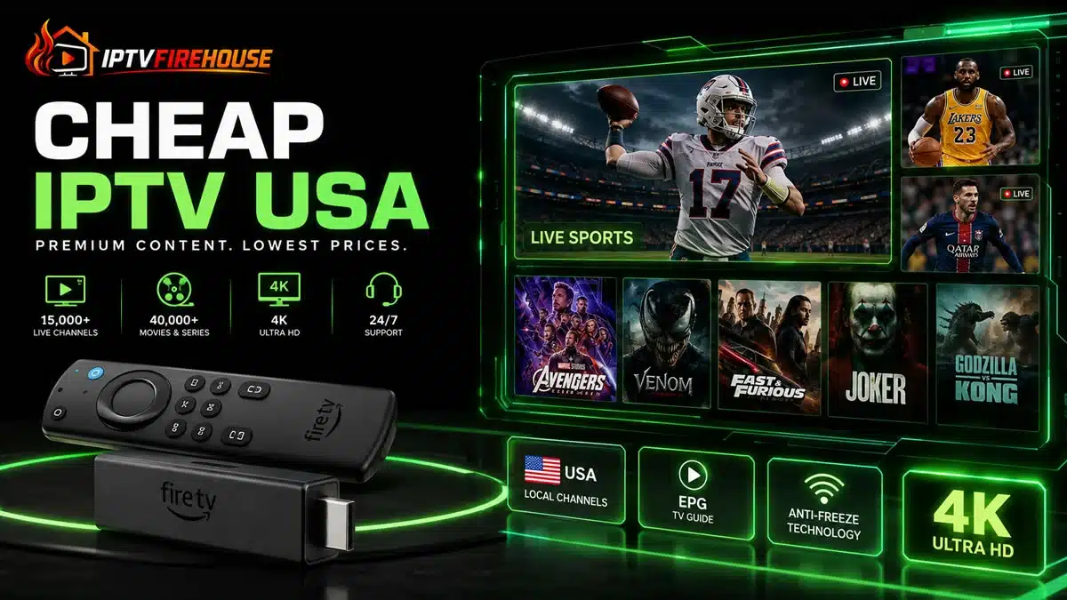 Cheap IPTV USA subscription plans banner displaying 4K live streaming channels and Firestick setup