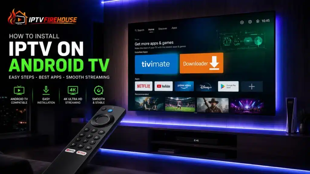 Android TV setup screen showing IPTV player app installation with a modern smart TV remote
