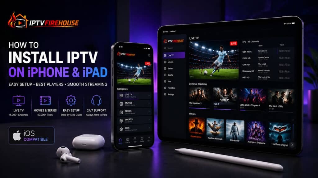 Step-by-step install iptv on iphone and ipad setup displaying live sports channel dashboard on Super Retina screen