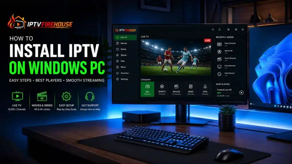 Step-by-step install iptv on windows pc setup showing IPTV player software running on a dual-monitor desktop workstation
