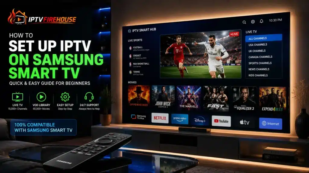 Step-by-step setup iptv samsung smart tv interface showing IPTV player app installation on Tizen OS