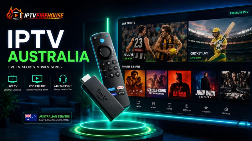 IPTV Australia streaming interface showing live sports, Australian TV networks, and Firestick setup