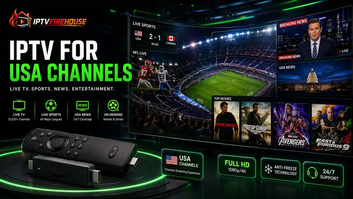 IPTV for USA channels showing live American sports, cable news, and Firestick streaming setup