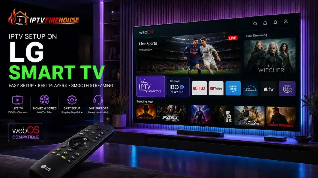 IPTV setup on LG Smart TV showing webOS home dashboard with streaming app icons and Magic Remote