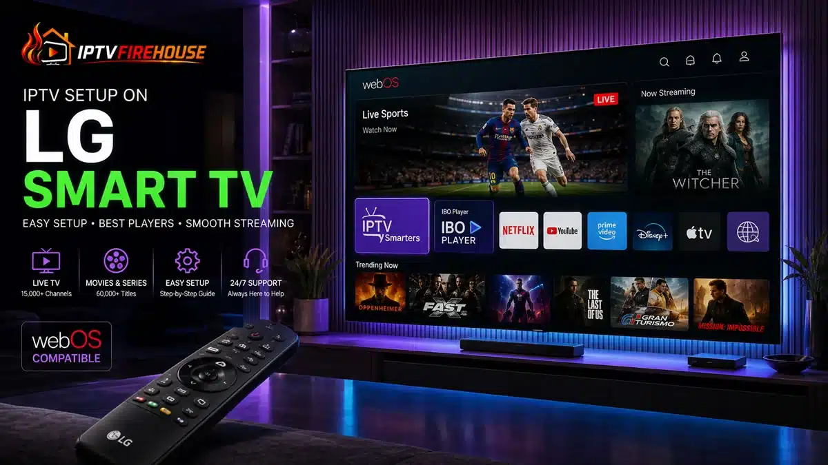 IPTV setup on LG Smart TV showing webOS home dashboard with streaming app icons and Magic Remote