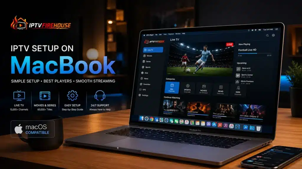 IPTV setup on MacBook Pro showing live sports streaming interface on Retina display alongside an iPhone