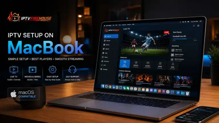 IPTV setup on MacBook Pro showing live sports streaming interface on Retina display alongside an iPhone