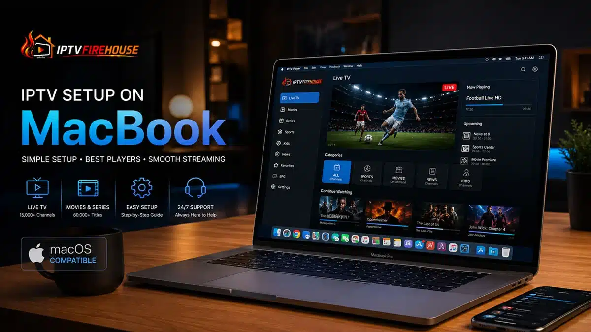 IPTV setup on MacBook Pro showing live sports streaming interface on Retina display alongside an iPhone