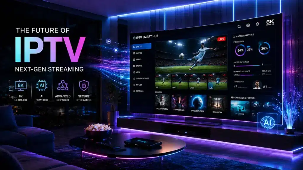 Futuristic living room displaying key iptv trends on a massive 8K curved smart TV screen with interactive sports and streaming UI