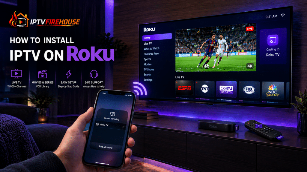 Step-by-step install iptv on roku workaround guide showing smartphone casting live TV stream to a Roku Smart TV