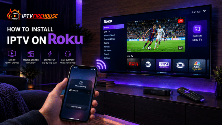 Step-by-step install iptv on roku workaround guide showing smartphone casting live TV stream to a Roku Smart TV