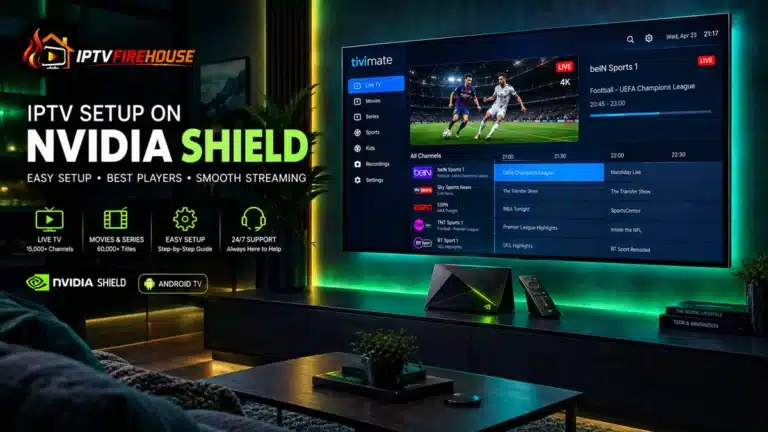 Alt Text: IPTV setup on Nvidia Shield TV Pro displaying TiviMate EPG grid on a large 4K TV with triangular remote in foreground