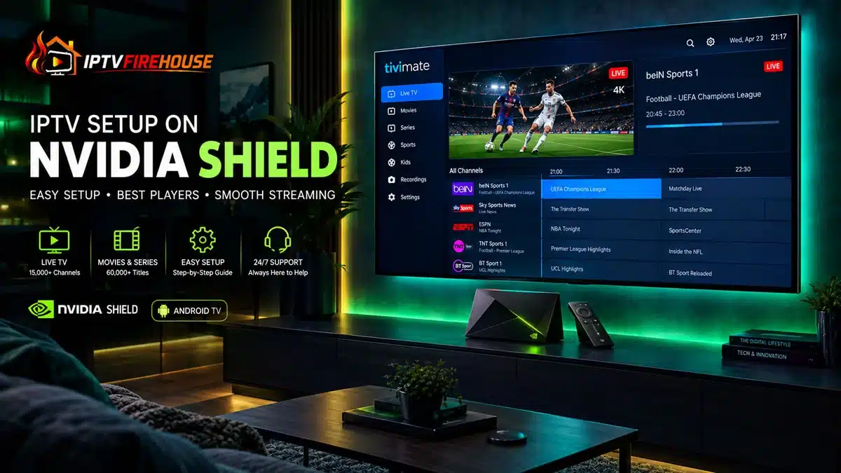 Alt Text: IPTV setup on Nvidia Shield TV Pro displaying TiviMate EPG grid on a large 4K TV with triangular remote in foreground